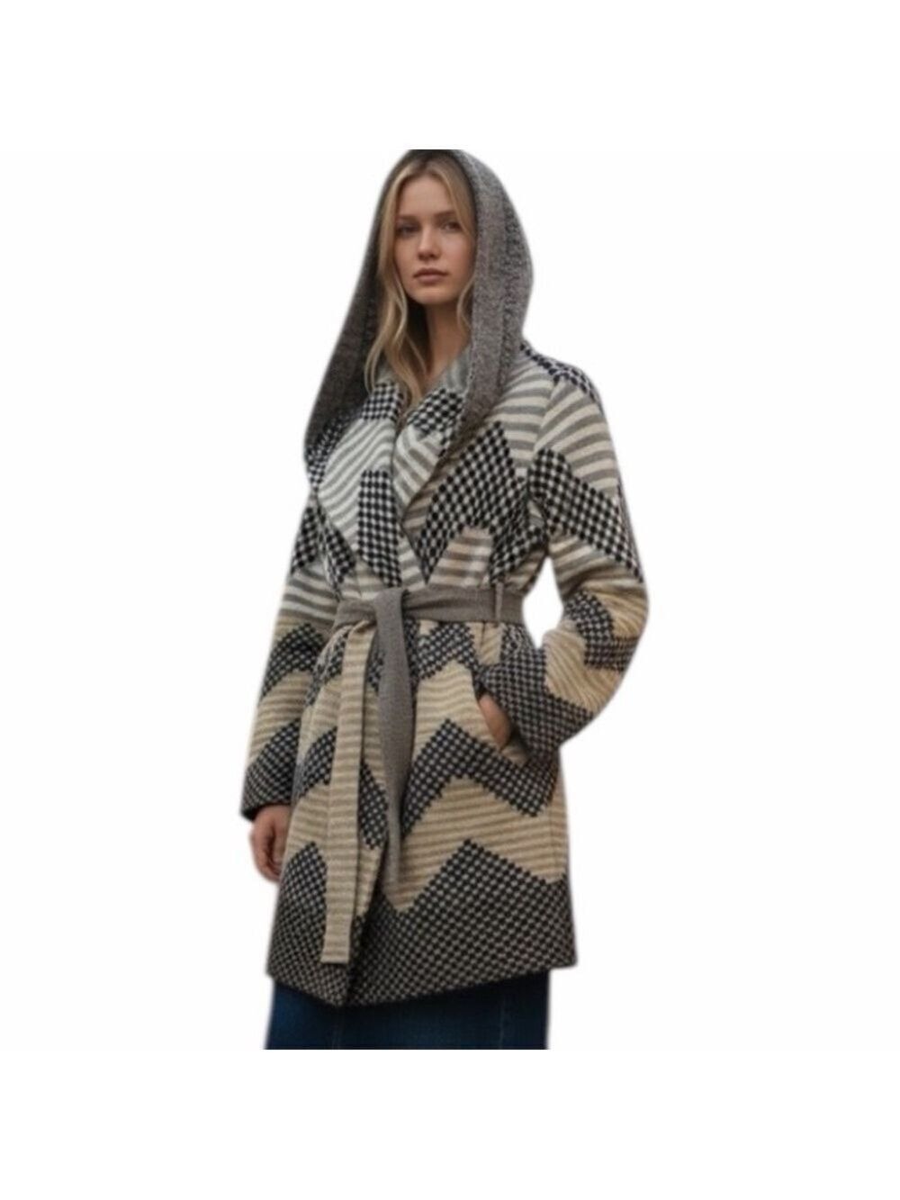 Anthropologie Field & Flower Long Hooded Sweater Coat Oversized Hood Belt Sz S